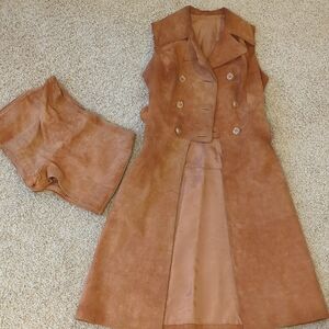 Brown Suede Sleeveless Coat and Shorts Set